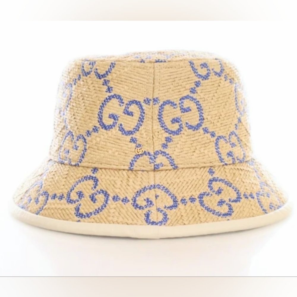 Nwt. Gucci bucket hat . M ,beige raffia blue GG .lined - Picture 1 of 8